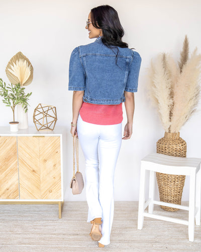 Amanda Pearl Beaded Short Sleeve Denim Jacket - Medium Wash