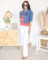 Amanda Pearl Beaded Short Sleeve Denim Jacket - Medium Wash