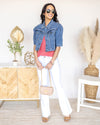 Amanda Pearl Beaded Short Sleeve Denim Jacket - Medium Wash