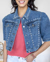 Amanda Pearl Beaded Short Sleeve Denim Jacket - Medium Wash