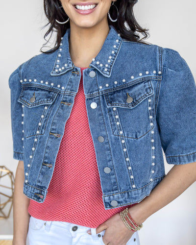 Amanda Pearl Beaded Short Sleeve Denim Jacket - Medium Wash
