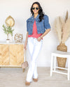 Amanda Pearl Beaded Short Sleeve Denim Jacket - Medium Wash
