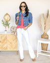 Amanda Pearl Beaded Short Sleeve Denim Jacket - Medium Wash