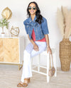 Amanda Pearl Beaded Short Sleeve Denim Jacket - Medium Wash