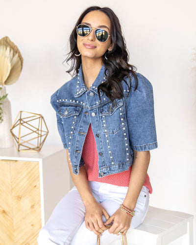 Amanda Pearl Beaded Short Sleeve Denim Jacket - Medium Wash