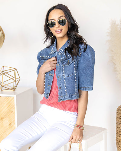 Amanda Pearl Beaded Short Sleeve Denim Jacket - Medium Wash