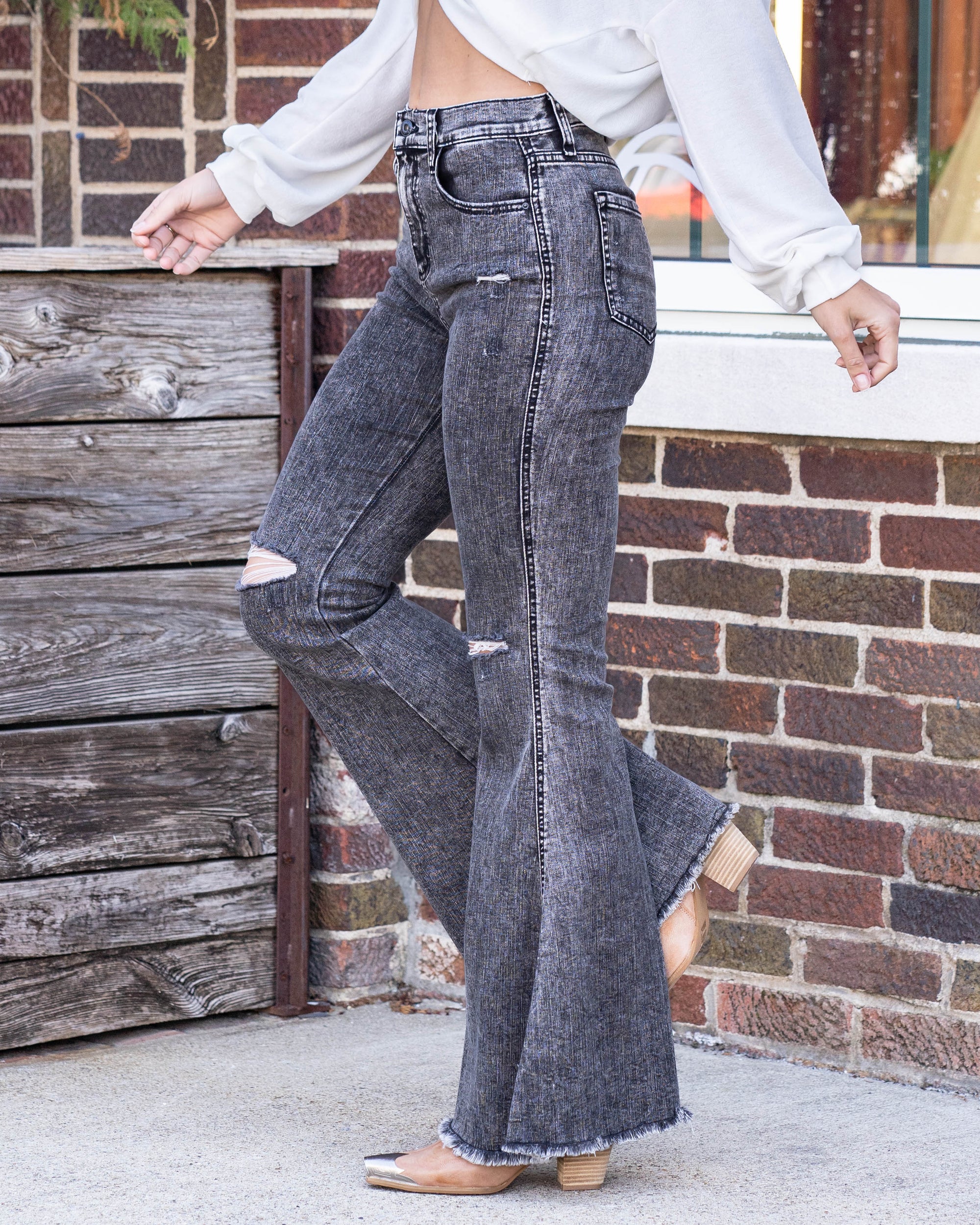 Lynn High Rise Distressed Frayed Hem Flares - Black Acid Wash