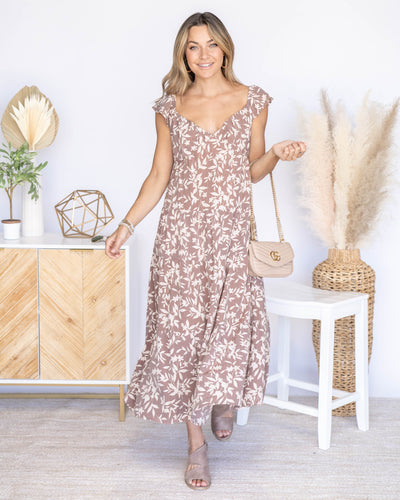 Jasmine Floral Sweetheart Neckline Midi Dress - Mocha