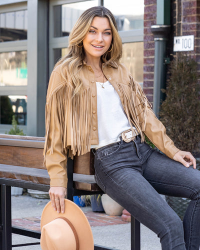 Dolly Faux Leather Fringe Jacket - Tan
