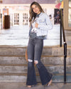 Maria Striped Cropped Distressed Denim Jacket - Light Wash