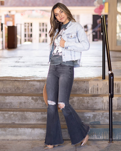 Maria Striped Cropped Distressed Denim Jacket - Light Wash