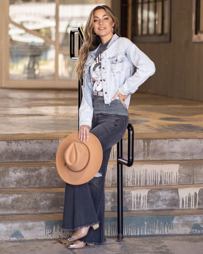 Maria Striped Cropped Distressed Denim Jacket - Light Wash