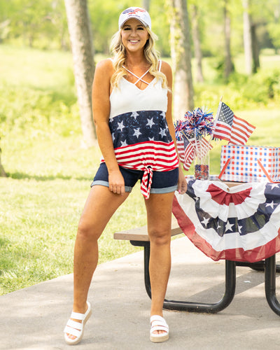 Star Spangled Front Tie Tank - Navy
