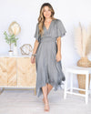 Alanis Flutter Sleeve Satin Midi Dress - Grey