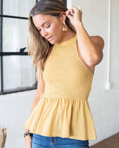 It's Your Time Smocked Peplum Top - Mustard