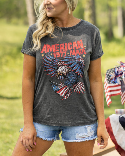 American Made Distressed Graphic Tee - Heather Gray