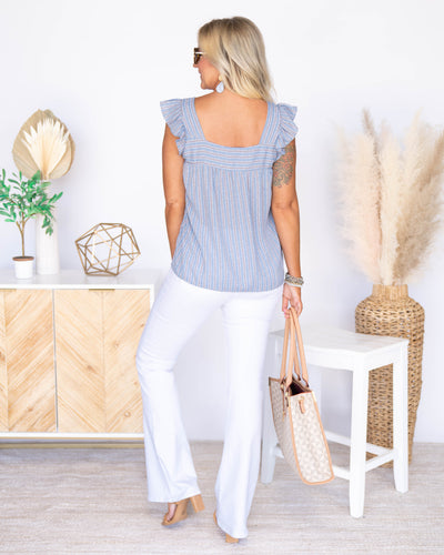 Shay Printed Ruffle Sleeve Blouse - Denim Blue