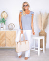 Shay Printed Ruffle Sleeve Blouse - Denim Blue