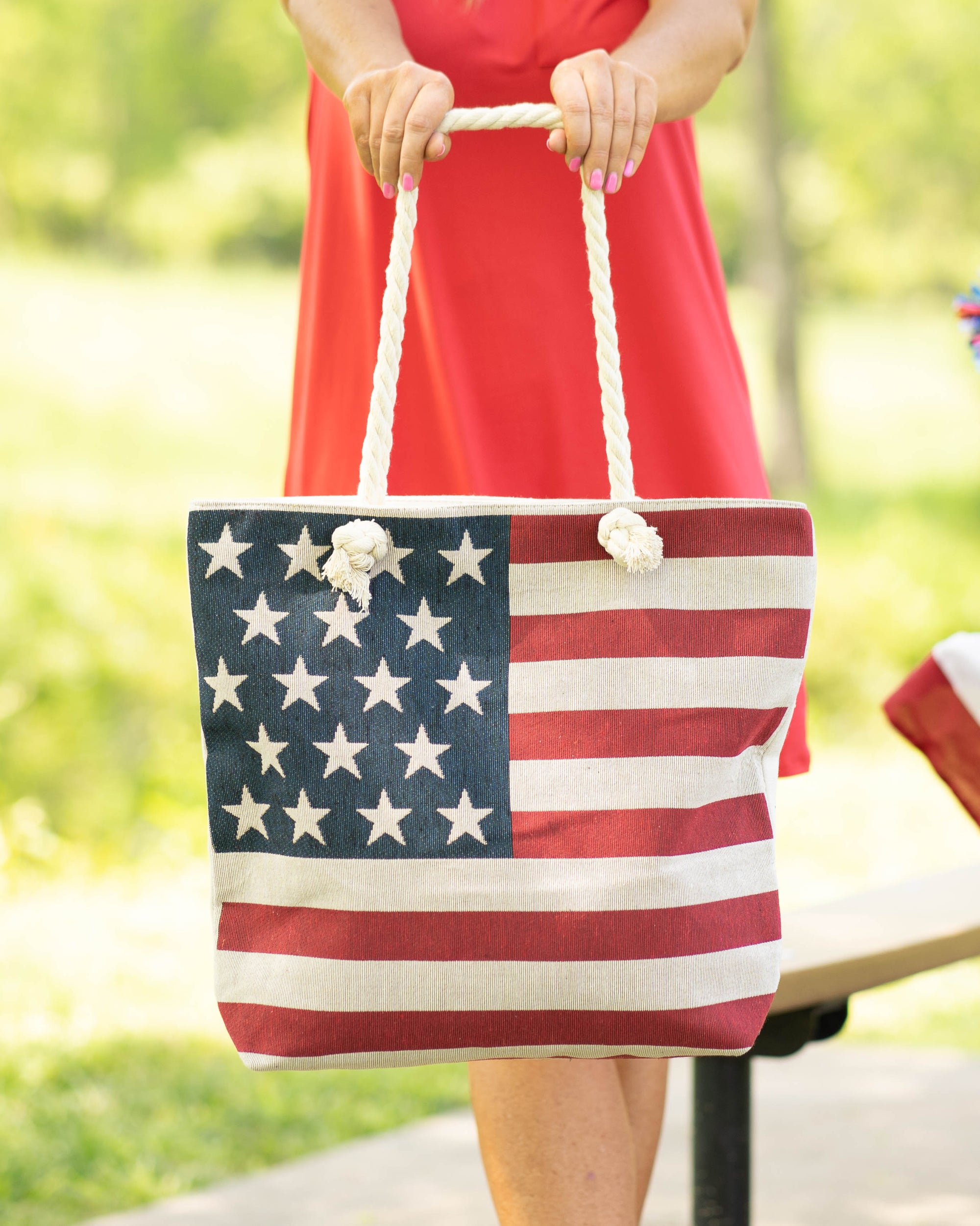 Cap Zone American Flag Canvas Tote - Beige Bags One Size