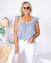 Shay Printed Ruffle Sleeve Blouse - Denim Blue