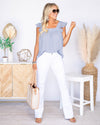 Shay Printed Ruffle Sleeve Blouse - Denim Blue
