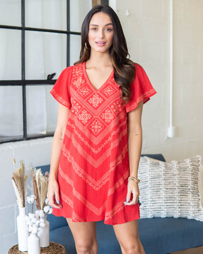 Lola Embroidered V-Neck Dress - Red