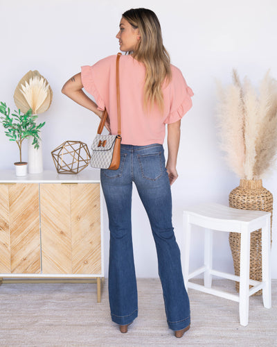 Drew Ruffle Sleeve Ruched Cropped Top - Salmon