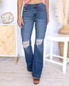 Corinne High Rise Distressed Flares - Dark Wash