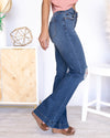 Corinne High Rise Distressed Flares - Dark Wash