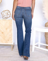 Corinne High Rise Distressed Flares - Dark Wash