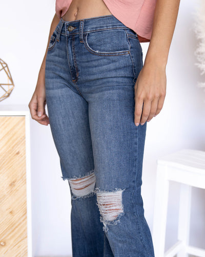 Corinne High Rise Distressed Flares - Dark Wash