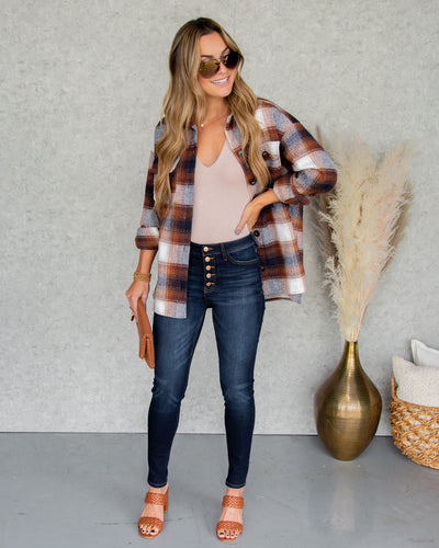 Dani Plaid Button Down Shacket - Camel Multi