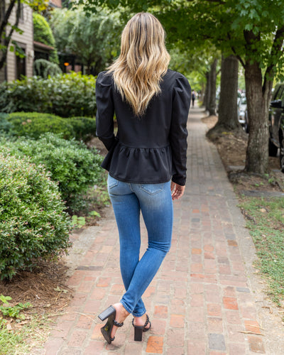 Elodie Puff Sleeve Scalloped Top - Black