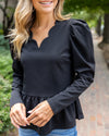 Elodie Puff Sleeve Scalloped Top - Black
