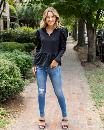Elodie Puff Sleeve Scalloped Top - Black