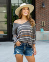 Emerson Striped Knit V-Neck Sweater - Charcoal