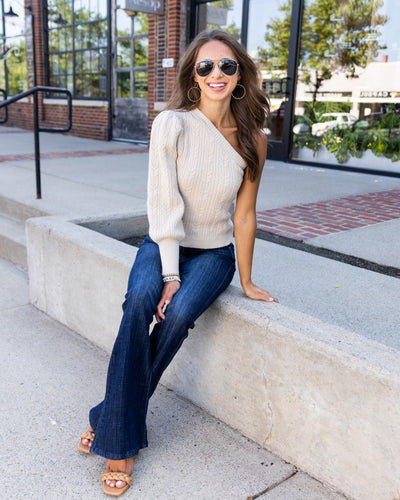 Nina Cable Knit One Shoulder Sweater - Sand