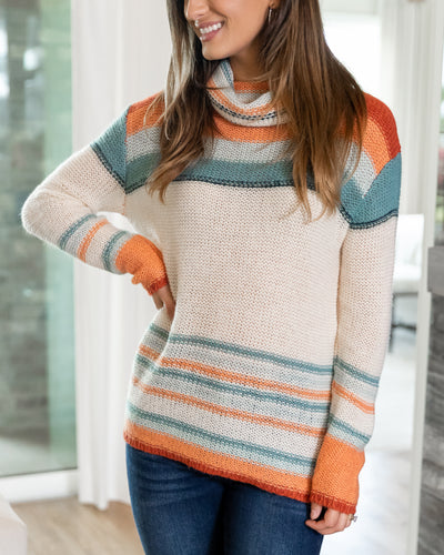 Melissa Cowl Neck Striped Sweater - Rust Multi