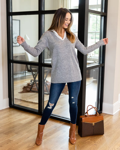 Elaine Collared V-Neck Sweater - Heather Grey