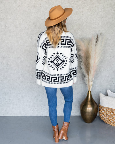 Aurora Aztec Print Fuzzy Knit Cardigan - Off White
