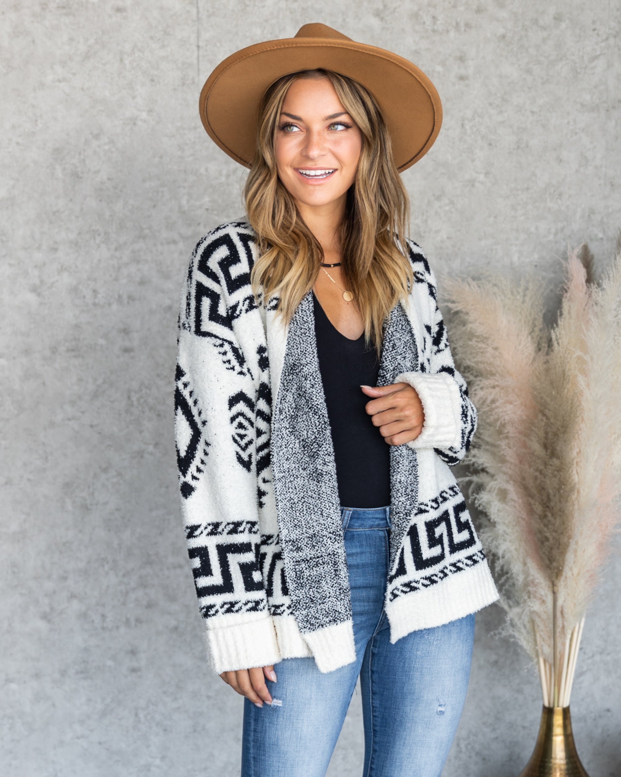 Aurora Aztec Print Fuzzy Knit Cardigan - Off White - Eleven Oaks Boutique