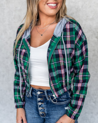 Ellison Plaid Cropped Hooded Jacket - Green Multi