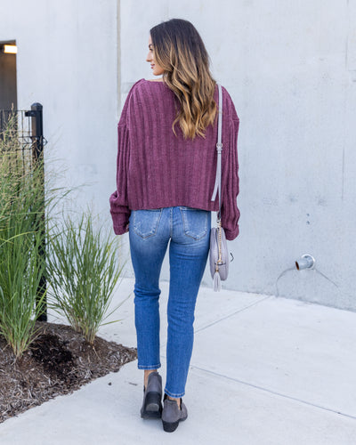 Drew V-Neck Cable Knit Sweater - Dark Mauve