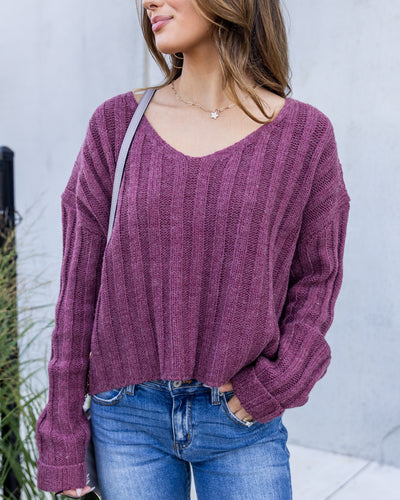 Drew V-Neck Cable Knit Sweater - Dark Mauve
