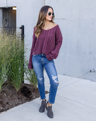 Drew V-Neck Cable Knit Sweater - Dark Mauve