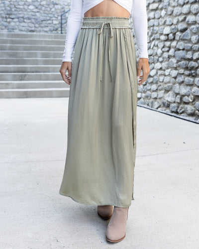 Jocelyn Smocked Satin Maxi Skirt - Light Olive