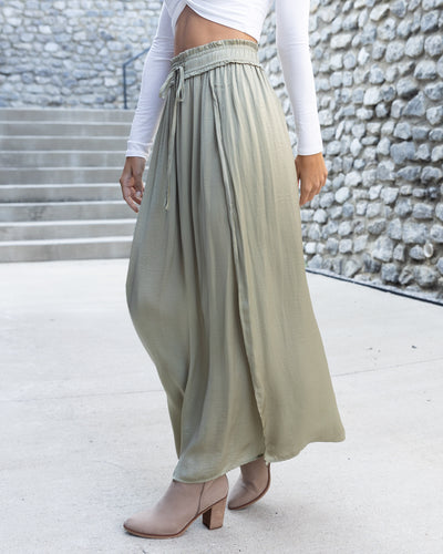 Jocelyn Smocked Satin Maxi Skirt - Light Olive