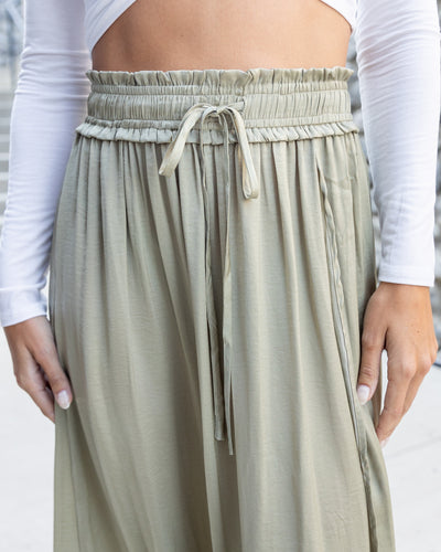 Jocelyn Smocked Satin Maxi Skirt - Light Olive