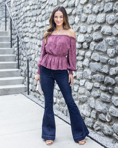 Kaylee Off Shoulder Textured Floral Print Top - Mauve