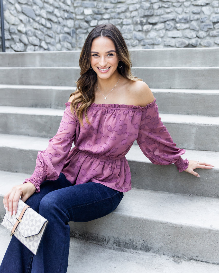 Kaylee Off Shoulder Textured Floral Print Top - Mauve